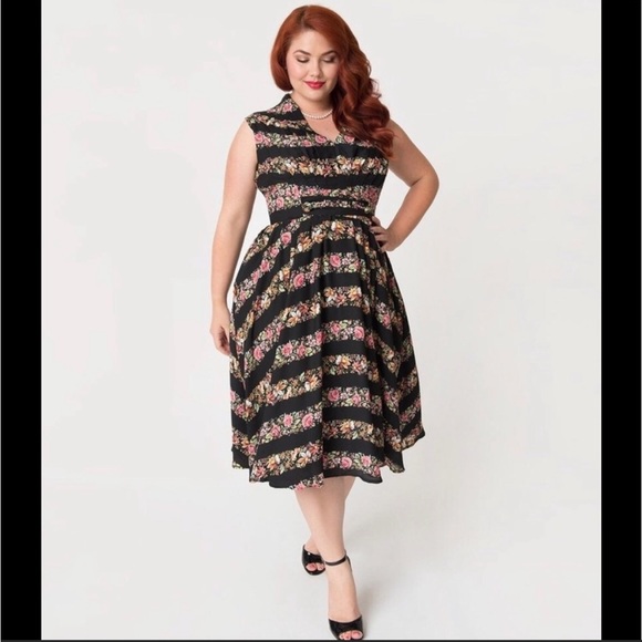 Striped Floral Unique Vintage 50s Swing Dress - Picture 1 of 8